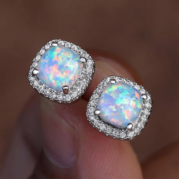 Jewelry - Simulated Fire Pink, Blue Opal, White Gold Plated, Cubic Zirconia Stud Earrings